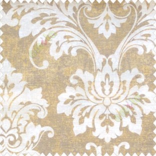 Yellow white brown color beautiful traditional damask floral swirl pattern velvet touch watercolor print traditional look poly fabric main curtain